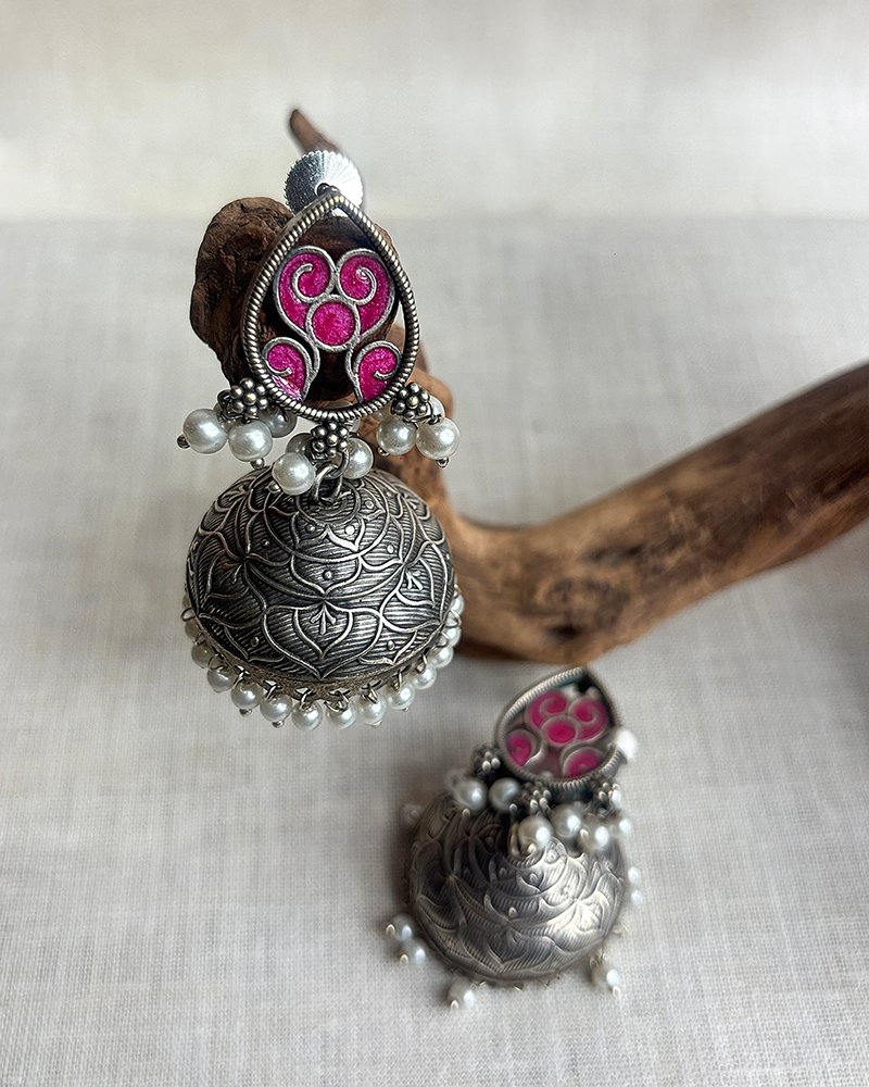 Pink enamel silver oxdised jumkas - Image 2