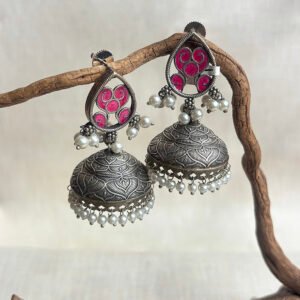 Pink enamel silver oxdised jumkas
