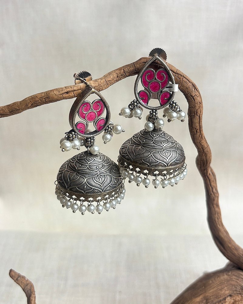 Pink enamel silver oxdised jumkas